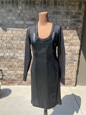 Tracy Reese Black Leather-Panel Long Sleeve Knit Dress